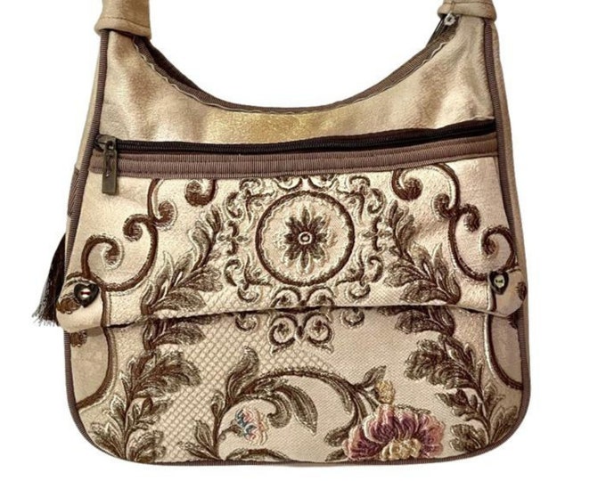 Victorian Style Ivory Satin Embossed Shoulder Bag, 3D Floral Fabric Crossbody Bag,Mid Century Fashion, Personalized Gift Valentine's Day