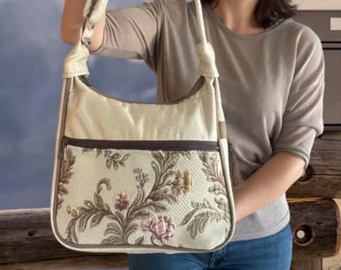Victorian Style Ivory Color Fabric Foldable Bag For Women, Embossed Flower Pattern Light Shoulder Bag, Personalized Christmas Gift Women