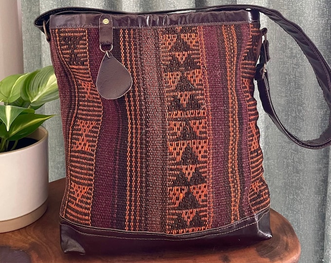 Hand-woven Rug And Genuine Leather Crossbody Bag, Natural Colored Hand-made Kilim Tote Bag Women, Boho Style Gift For Mother, Sister