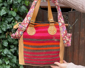 Navajo Tote Bag, Replacement Strap Shoulder Bag From Natural Woven Wool Rug, Red and Tan Color Striped Hand Bag, Personalized Gift For Mom