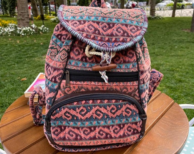 Multi Pocket Pink Rug Fabric Backpack For Women, Street Style Personalized Weekend Hiking Bag, Birthday Gift For Her, Birthday Gift Women