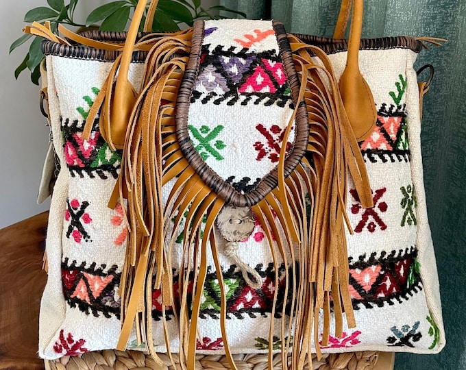 Cognac Color Leather Tassel Wool Bag, High Quality Hand-made Unique Purse For Women, Cowgirl Style Fringe Myra Hand Bag, Anniversary Gift
