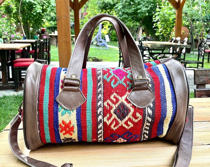 Mini Duffel Sport Gym Bag, Hand-Woven Rug Hippi Personalized Yoga Pilates Boho Accesory Unisex, Weekender Over Night Luggage Genuine Leather