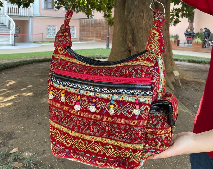 Red Color Guitar Strap Beaded Crossbody Bag, Casual Aesthetic Bag For Women, Multi Pocket Messenger Bag, Personalized Valentine's Gift