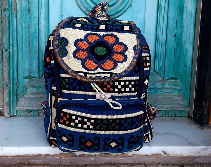 Navy Blue Kilim Fabric Backpack, Large Sport Casual Rucksack, Flower Pattern Weekend Bag, Personalized Birthday Gift For Sister, Wife