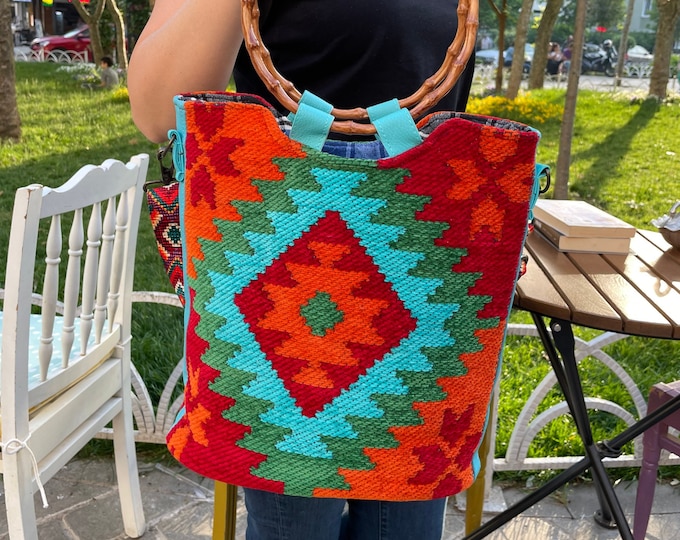 Vibrant Rainbow Color Pretty Tote Bag From Kilim Fabric, Bamboo Shape Handle Bag, Gift For Bohem Women, Mother Day's Gift, Aztec Pattern