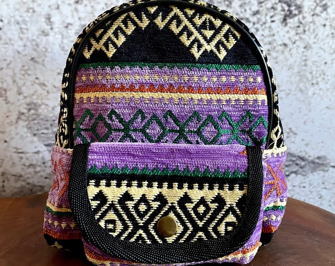 Personalized Purple Mini Backpack, Ethnic Pattern Kilim Bag, Adjustable Strap Light Small Dog Walking Bag, Gift For Kids, Summer Style Bag