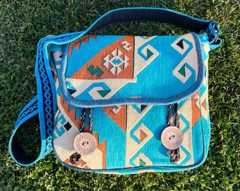 Sac tapis à motif ethnique turquoise, sac courrier bleu kilim solide et élégant, messager décontracté Aesthetic Utulity, cadeau de Saint-Valentin