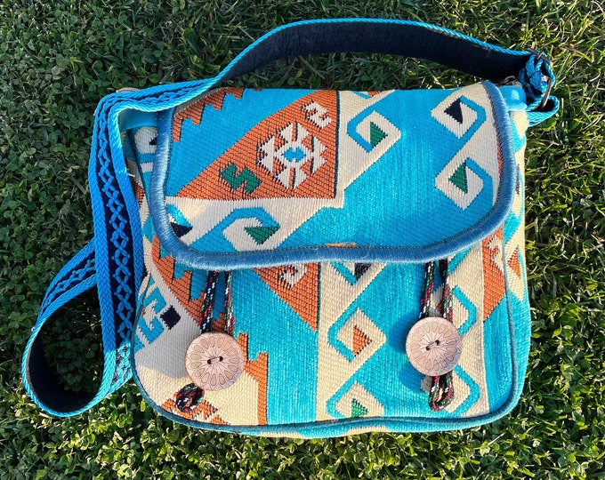 Turquoise Ethnic Pattern Rug Bag, Kilim Strong And Stylish Blue Courier Bag, Aesthetic Utulity Casual Messenger, Valentine's Day Gift Her
