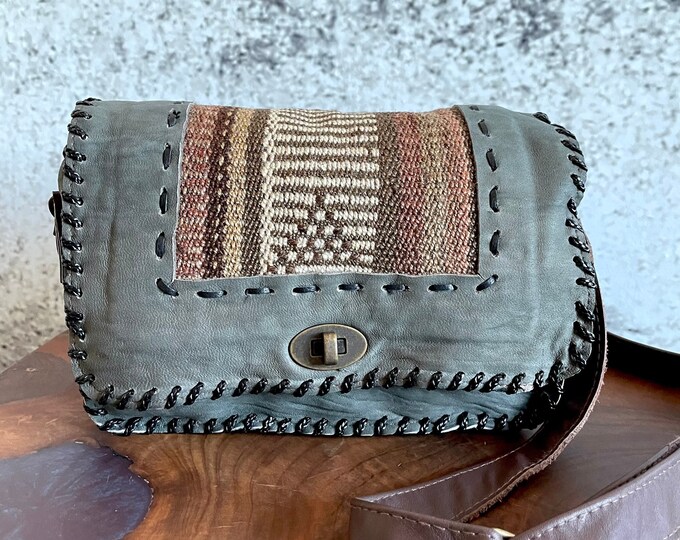 Gray Genuine Leather Messenger Bag, Rug Detailed Handmade Cowhide Crossbody, Front Flap Sling Boho Style Unique Bag, Best Gift Isea For Her