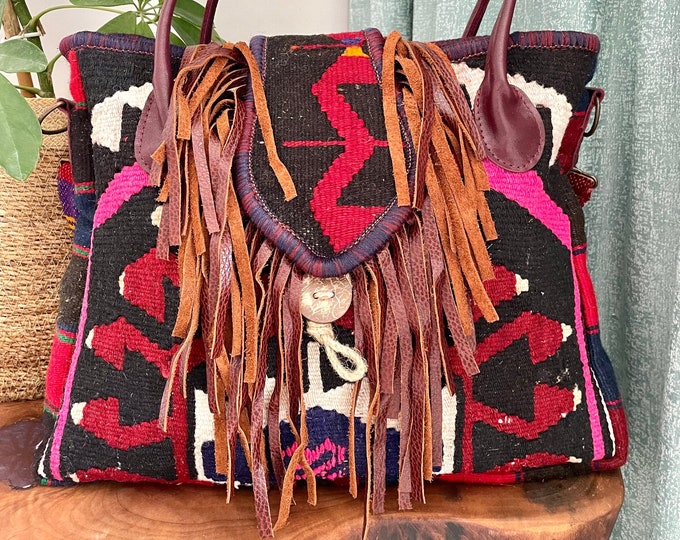 Genuine Leather Fringe Unique Tote Bag, Hand-Woven Rug Tassel Hand Bag For Women, Personalized Unique Birthday, Valentine's Day Gift For Her