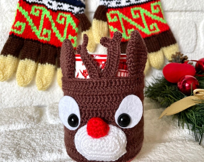 Knitted Multicolor Cozy Mittens and Reindeer Mug Cover For Women In Christmas Gift Box, Birthday Gift Set, Special Xmas Gift Wrap Gloves