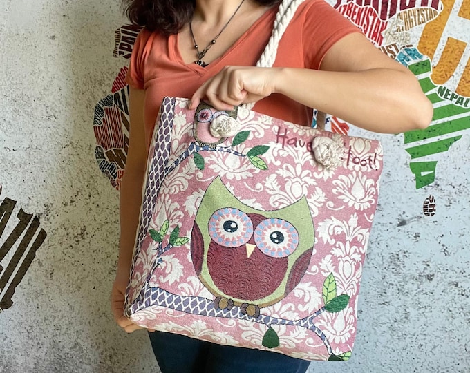 Personalized Owl Designed Linen Shopping Bag, Sustainable Canvas Fabric Market Tote, Reusable Linen Shoulder Bag, Gift For Mother