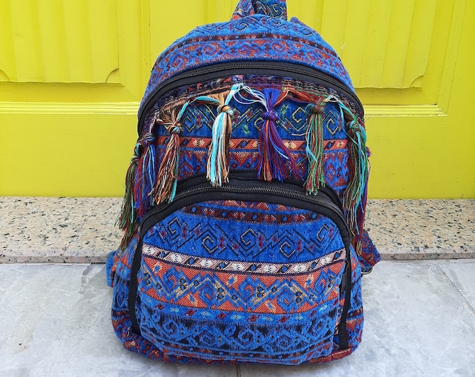 Handmade Kilim Backpack – Minimalist Boho Blue Laptop Bag, Weekender Hiking Rucksack, Best Gift for Women, Velvet Touch Backpack, Christmas