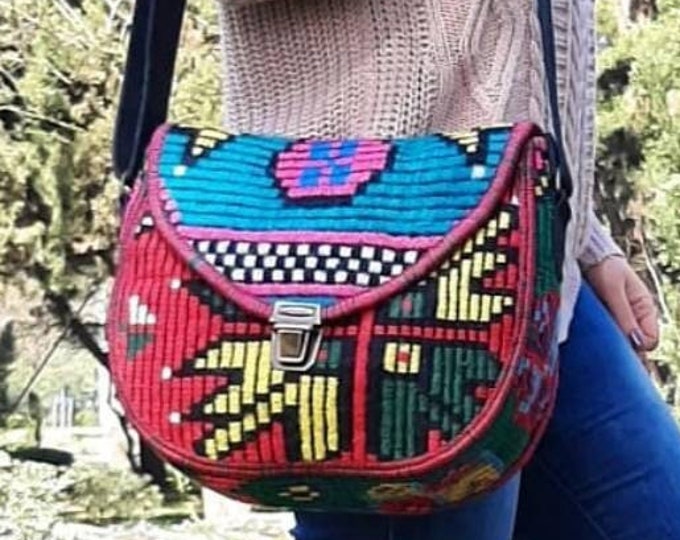 Handwoven Kilim Crossbody Bag: African Pattern Suede Strap Wool Purse