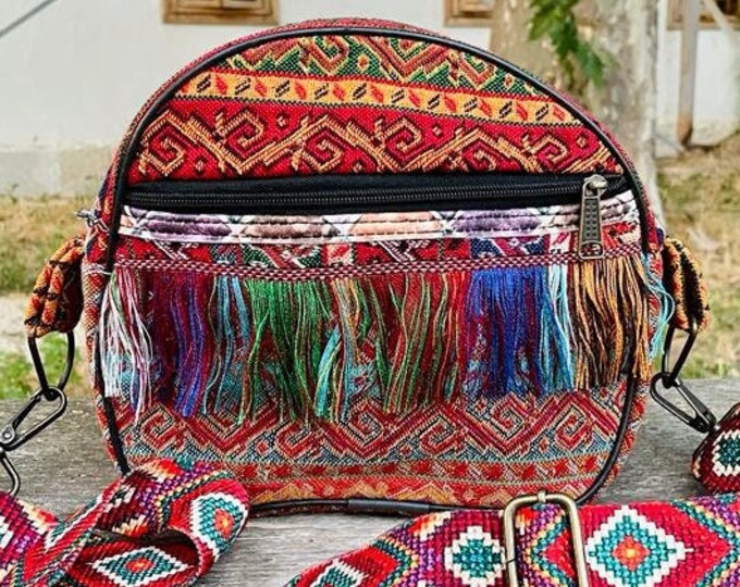 Personalized Handmade Tassel Oval Crossbody Bag From Vintage Rug Pattern Fabric, Guitar Strap Fringe Bag, Birthday Gift For Her