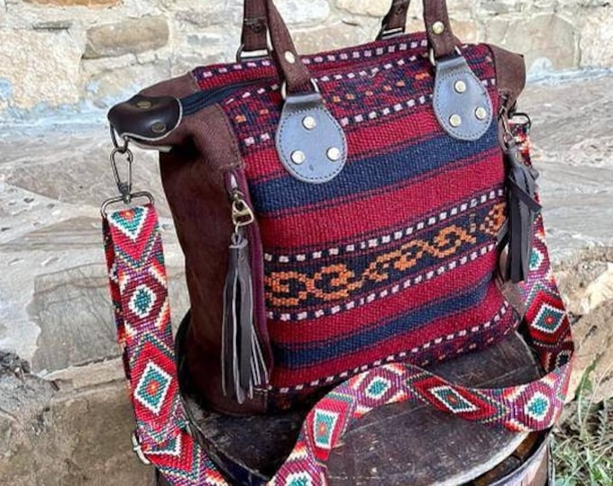 Handwoven Kilim & Canvas Tote Bag: Burgundry Fringe, Adjustable Guitar Strap
