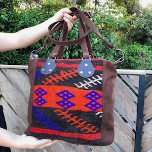 Woven Carpet Tote Bag: Leather Fringe, Western Cowgirl Style