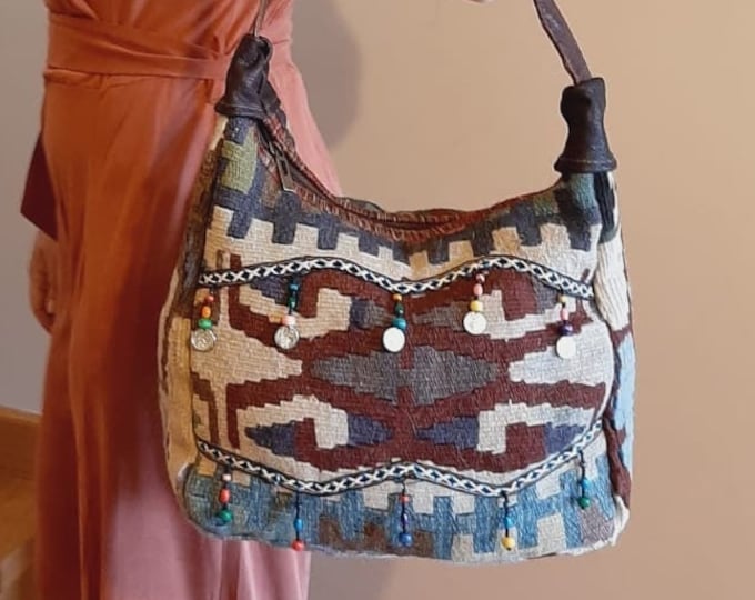 Boho Kilim Shoulder Bag with Tribal Patterns & Sequins, Handmade Natural Wool Crossbody, Adjustable Leather Strap, Birthday Gift for Her