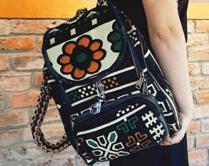 Night Blue Ethnic Carpet Pattern Hand-made Unique Backpack , Hiking Weekend Rucksack, Flower Kilim Tote Bag, Personalized Gift Myself