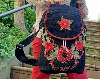 Handwoven Black Floral Backpack, Sturdy Woven Fabric, Boho Style Traveller Bag
