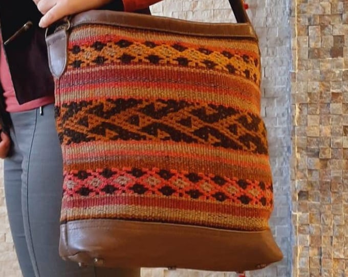 Personalized Boho Style Hand made Bag From Hand Woven Natural Carpet,Adjustable Genuine Leather Strap,Perfect Gift For Her Mother's Day Gift