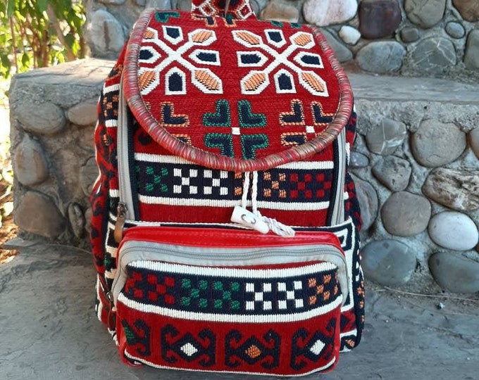 Red Sport Backpack, Two Zipper Compartement Hiking Bag, Carry-All School Bag, Strong Kilim Rucksack, Gift For Birthday Girl, Christmas Bag
