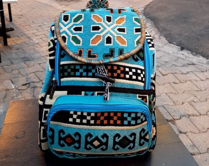 Personalized Turquoise Kilim Pattern Hiking Backpack, Light Blue Weekend Travel Laptop Bag, Birthday Gift For Girlfriend, One Of A Kind Bag