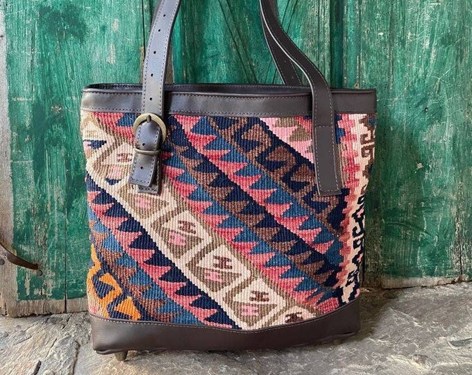 Personalized Handmade Rug Tote, Tribal Pattern Vintage Bag, One-of-a-kind Casual Boho Style Shoulder Bag, Personalized Unique Gift Women