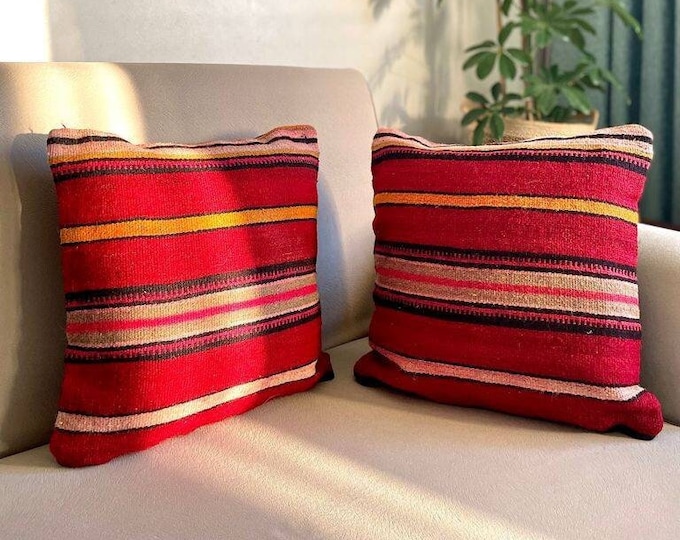 Turkish Hand-Woven Antique Anatolian Kilim Rug Cushion Cover Set, Home Decoration Kelim, Set Of 2 Pillow Cover, Cosy Home, Living Room Decor