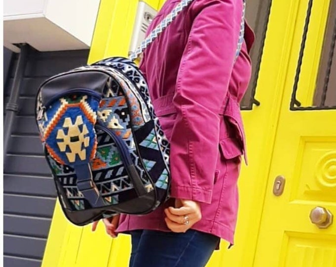 Fashionable and Durable Kilim Fabric Huge Backpack with big zipper compartment and Two zipper Pockets  Christmas Gift for myself, her