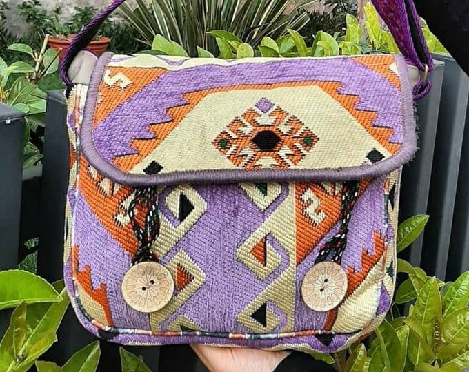 Personalized Ethnic Rug Liliac Kilim Messenger Crossbody Bag, Tapestry Sport Easy Use Daily Bag, Personalized Birthday Gift, Christmas Gift