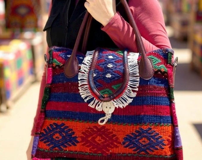 Handmade Boho Tote Bag – Wool Kilim with Tassels & Genuine Leather Handles, Large Crossbody Purse, Unique Gift for Women