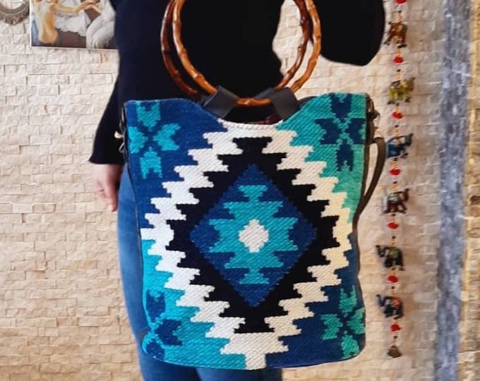 Aesthetic Bamboo Handle Tote, Blue Kilim Bag, Rug Handbag Adjustable Strap Shoulder Bag, Tribal Aztec Pattern Hand Bag, Anniversary Gift Her