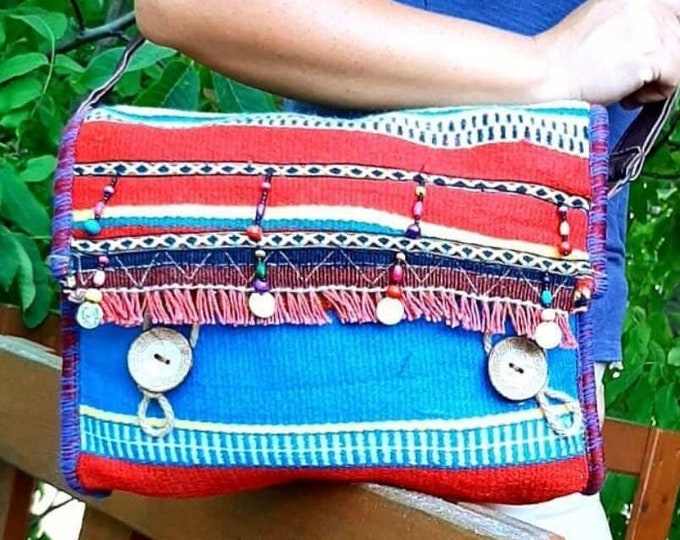 Handwoven Kilim Leather Shoulder Bag: Beaded Tassel Boho Purse