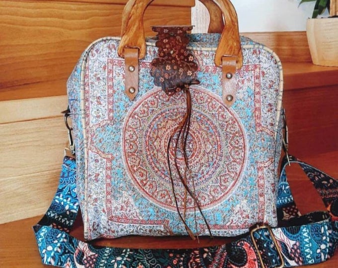 Personalized Jacquard Light Blue Fabric Tote, Ethnic Mandala Pattern Bag, Adjustable Guitar Strap, Unique Design Gift For Boho Lover Women