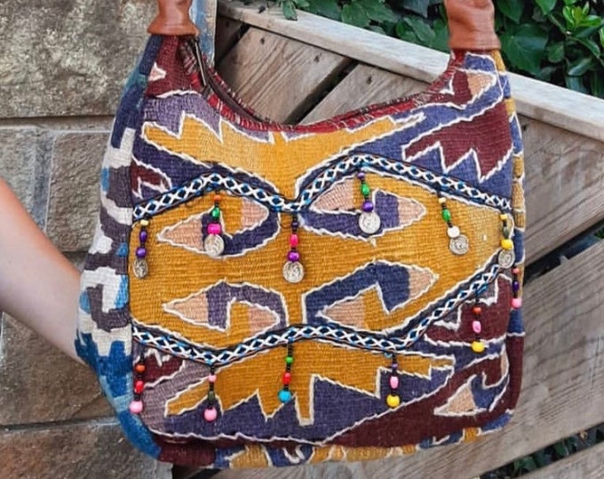Bohemian Beaded Brown Shoulder Bag From Antique Rug & Leather, Vintage Handmade, Personalized Gift Boho Lover, Upcycled Local Production