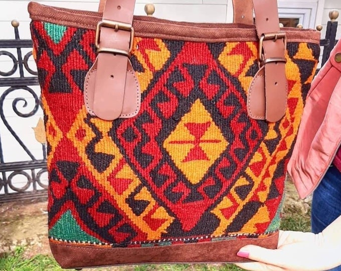 Handmade Shoulder / Hobo Bag With  Addjustable Genuine Leather Strap from Vintage hand-woven kilim Mother's Day Gift for her