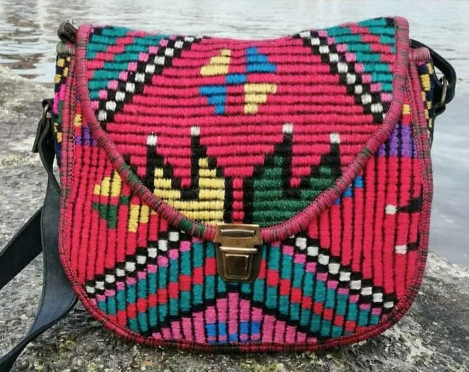 African Tribal Pattern Pink Shoulder Bag, Hand-Woven Wool Rug Crossbody Bag, Genuine Leather Strap UniquePurse, Personalized Mother's Day