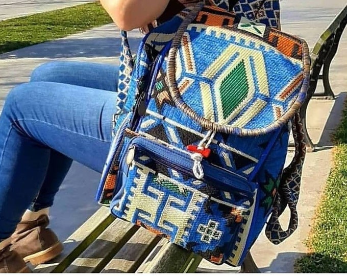 Blue Rug Large Carry-All Rucksack, Personalized Gift For Women, Sport Carpet Tote Backpack, Strong Stylish Zipper Bag, Weekender Traveler