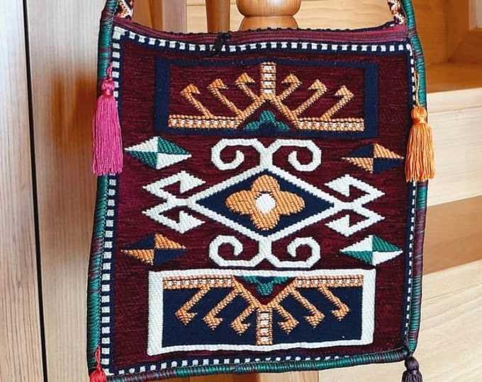 Heybe Kilim Saddlebag Long Crossbody Bags From Kilim - Rug - Carpet Pattern Fabric - Mother's Day Gift for Birthday