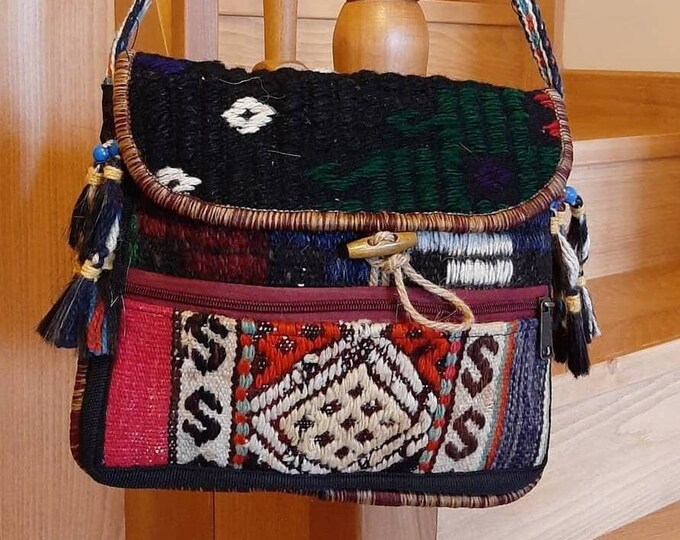 Personalized Crossbody Black Natural Bag From Handwoven Rug, Unique Vintage Style Bohem Outfit Accesory, Wool Sling Bag, Gift For Mom