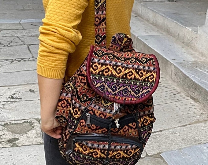 Multi-Color Velvet Backpack: Rug Pattern Rucksack