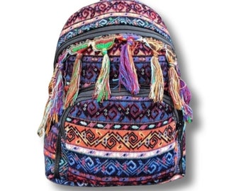 Purple Color Tassel Kilim Rug Fabric Large Backpack, Aesthetic Sport Casual Laptop Backpack, Personalized Gift Sister, Daughter, Best Friend