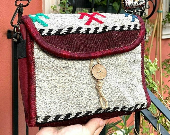 Handmade Kilim & Burgundy Leather Crossbody Bag: Boho Purse
