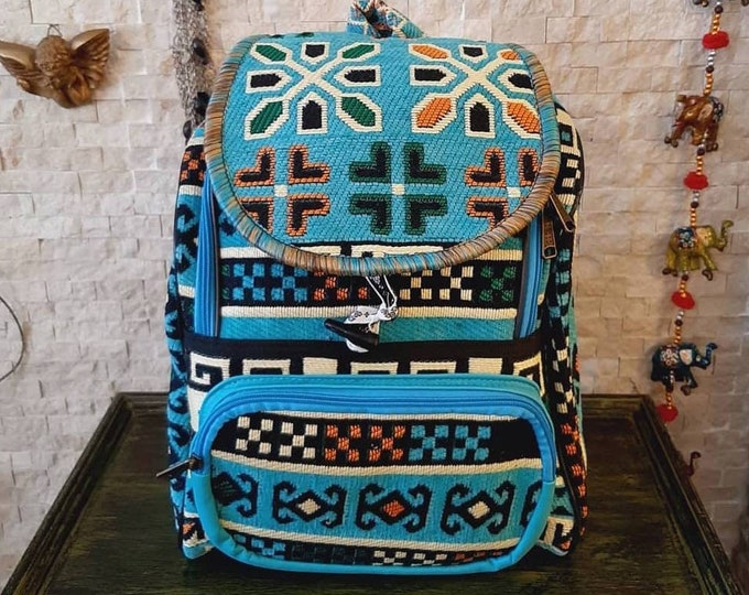 Handwoven Turquoise Kilim Backpack: Boho Travel Bag, Personalized