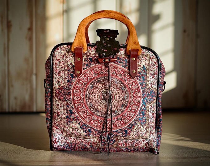 Mandala Jacquard Tote Bag: Wood Handle Tapestry Handbag