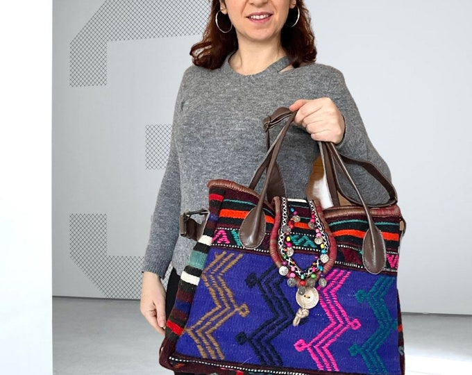 Personalized Myra Tote, Purple Natural Hand-woven Rug Bag, Changeable Strap Purse, Retro Style Rustic Bohem Hobo, Valentine'S Day Gift Women