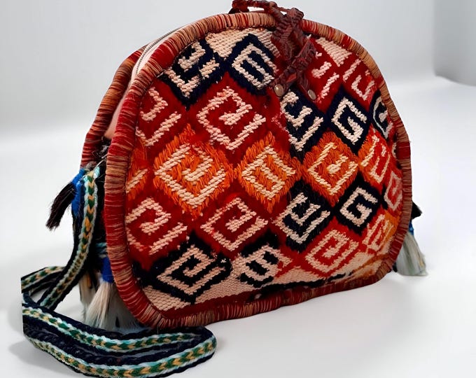 Artisan Natural Tribal Hand-Woven Rug Bag, Gypsy Style Tasseled Oval Vintage Crossbody, Personalized Name Tag, Gift Idea For Bohem Lover