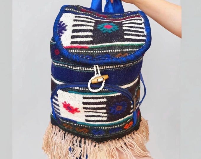 Personalized Ethnic Motif Blue Rucksack, Strong, Stylish Backpack, Handmade Gift  Vintage Handwoven Kilim Bag For Her, Mother's Day Gift